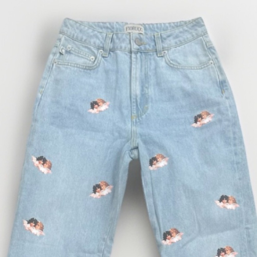 Fiorucci Light Blue High Rise Jeans with Angel Print